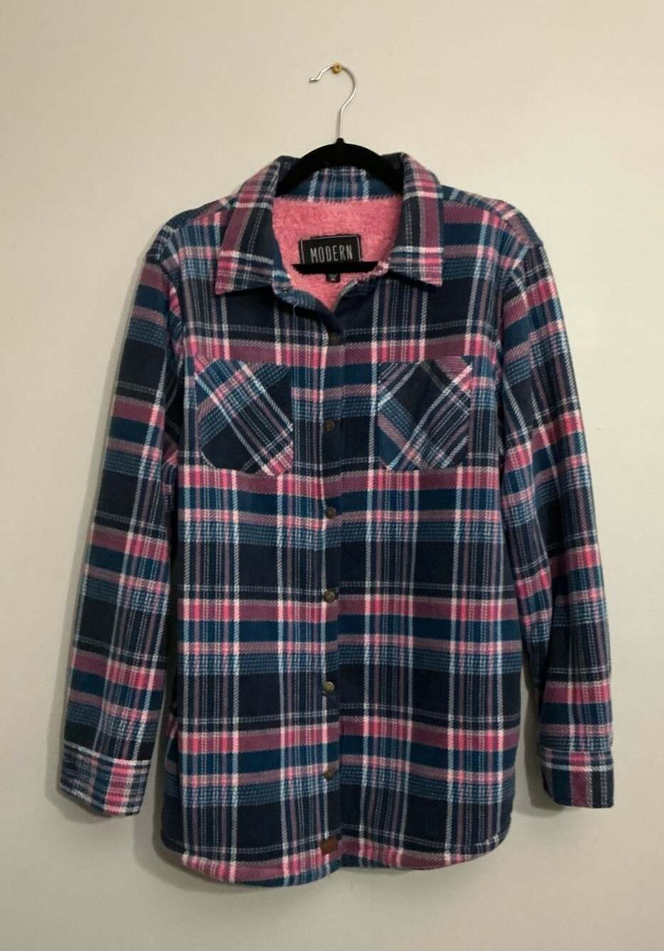 Modern Pink Blue Plaid Sherpa Lined Button Down Flannel Shirt Jacket